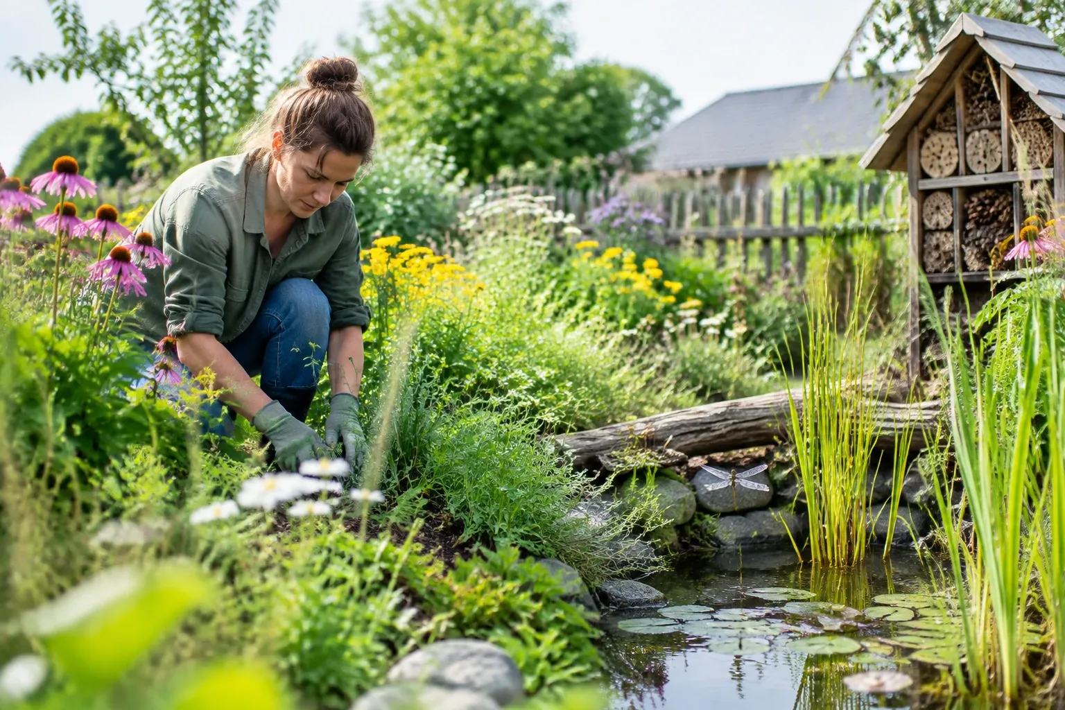 Vrouw knielt in natuurlijke tuin, verzorgt planten naast vijver en insectenhotel