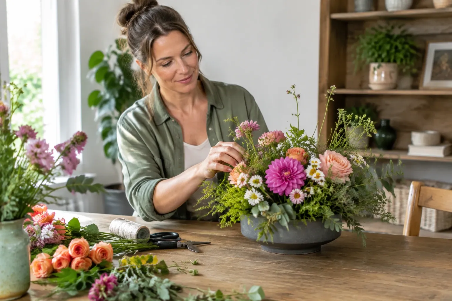 Vrouw schikt kleurrijk bloemstuk met dahlia, rozen en groen in lage schaal