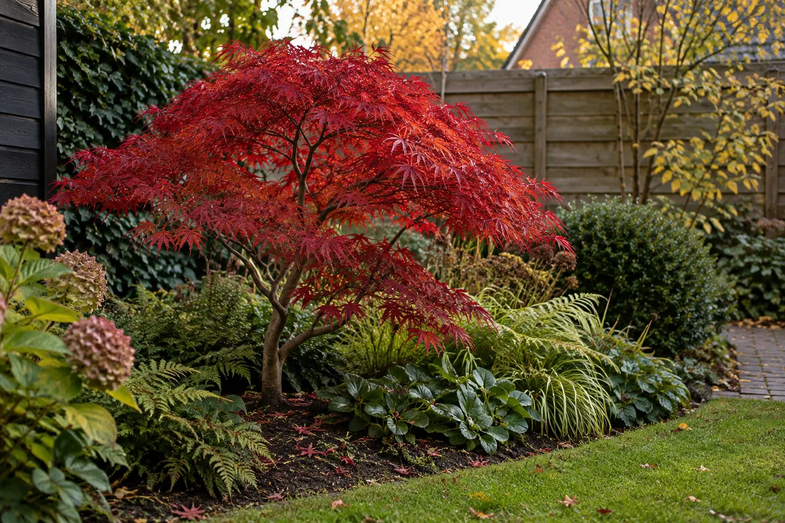 Kleine tuin met Japanse esdoorn met rood blad tussen varens en heggen