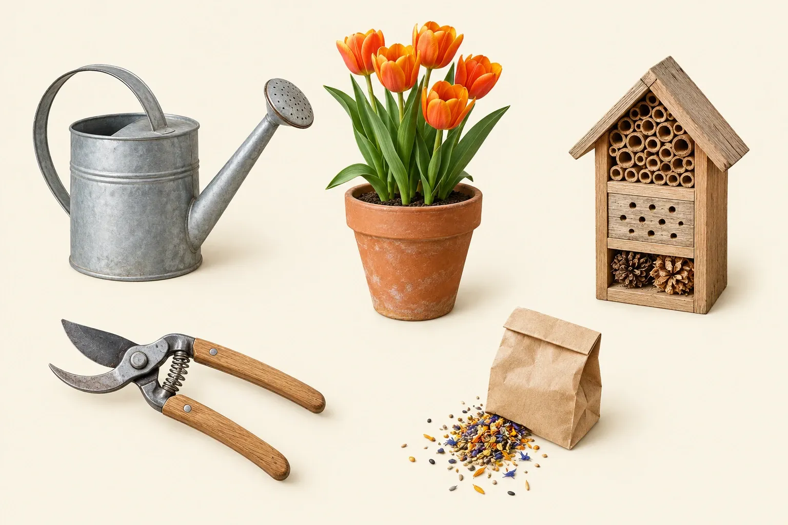 Zinken gieter, snoeischaar, pot met tulpen, bijenhotel en zaadzakje op een effen achtergrond