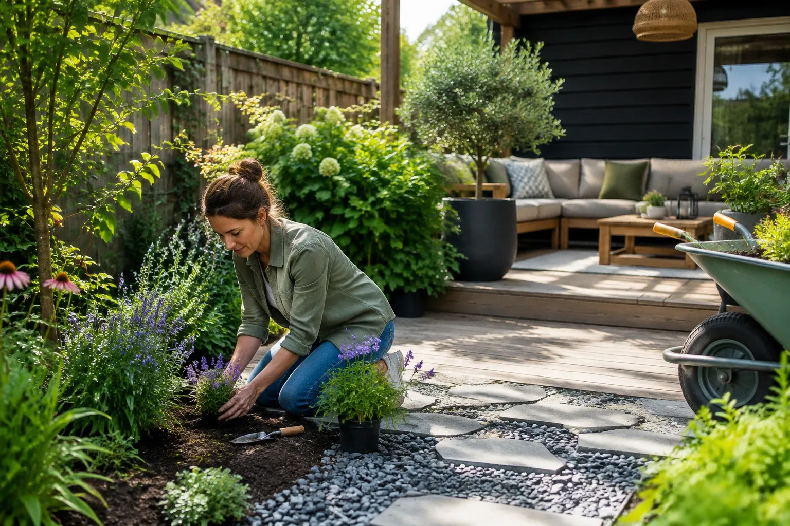 Vrouw plant lavendel in border naast grindpad en houten terras met loungehoek