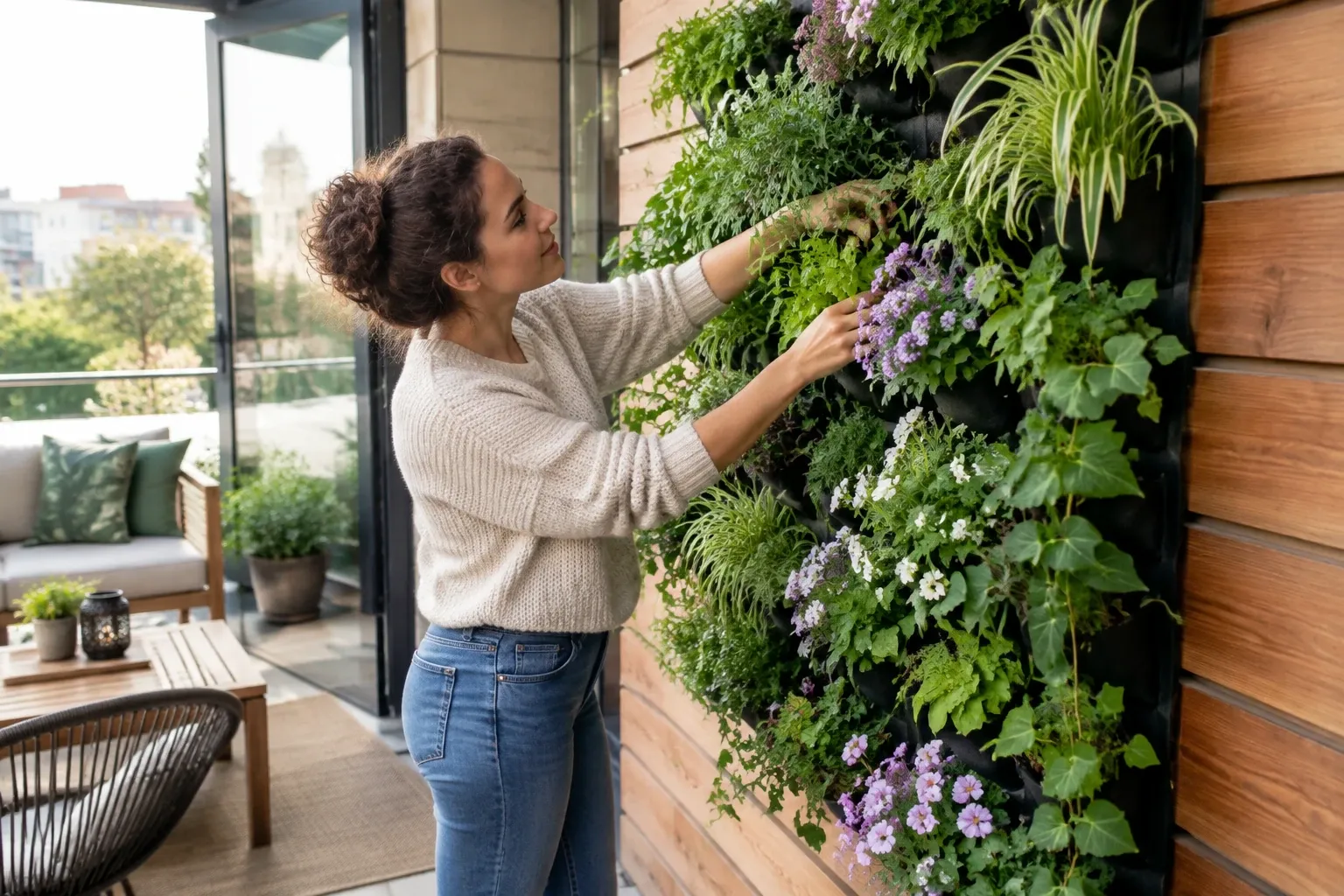Vrouw verzorgt een dichte verticale tuin met bloeiende planten op balkonwand
