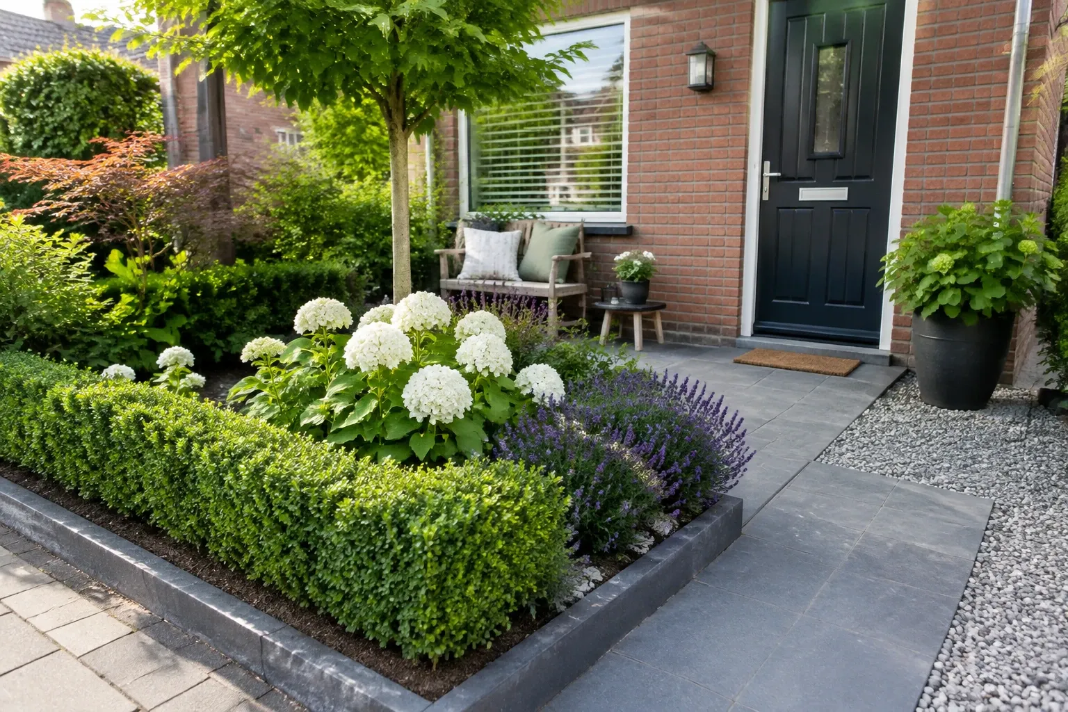 Net onderhouden voortuin met hortensia's, lavendel, buxushaag en zitbankje