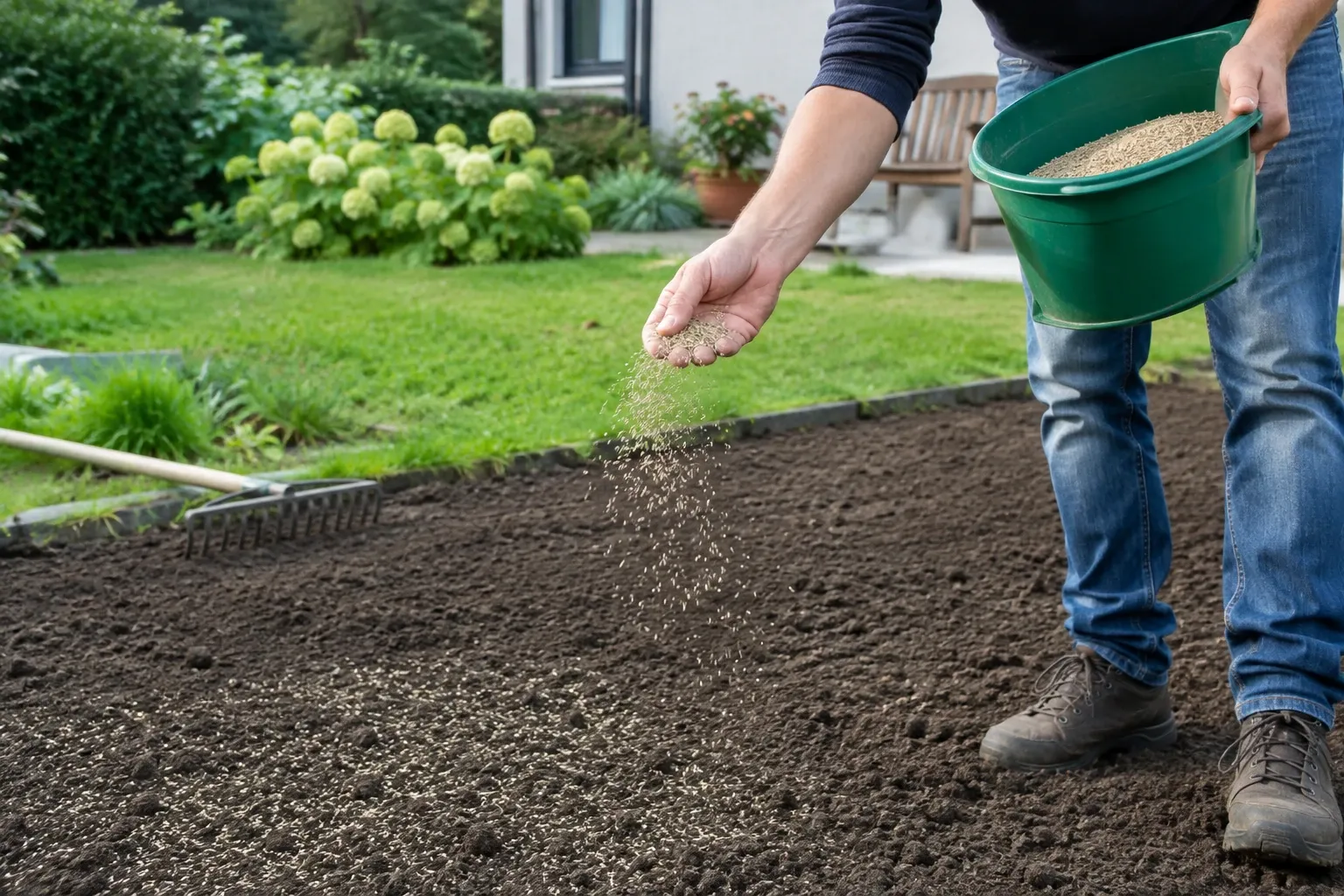 Hand zaait graszaad over egale, losgemaakte grond in voortuin zonder gezicht zichtbaar
